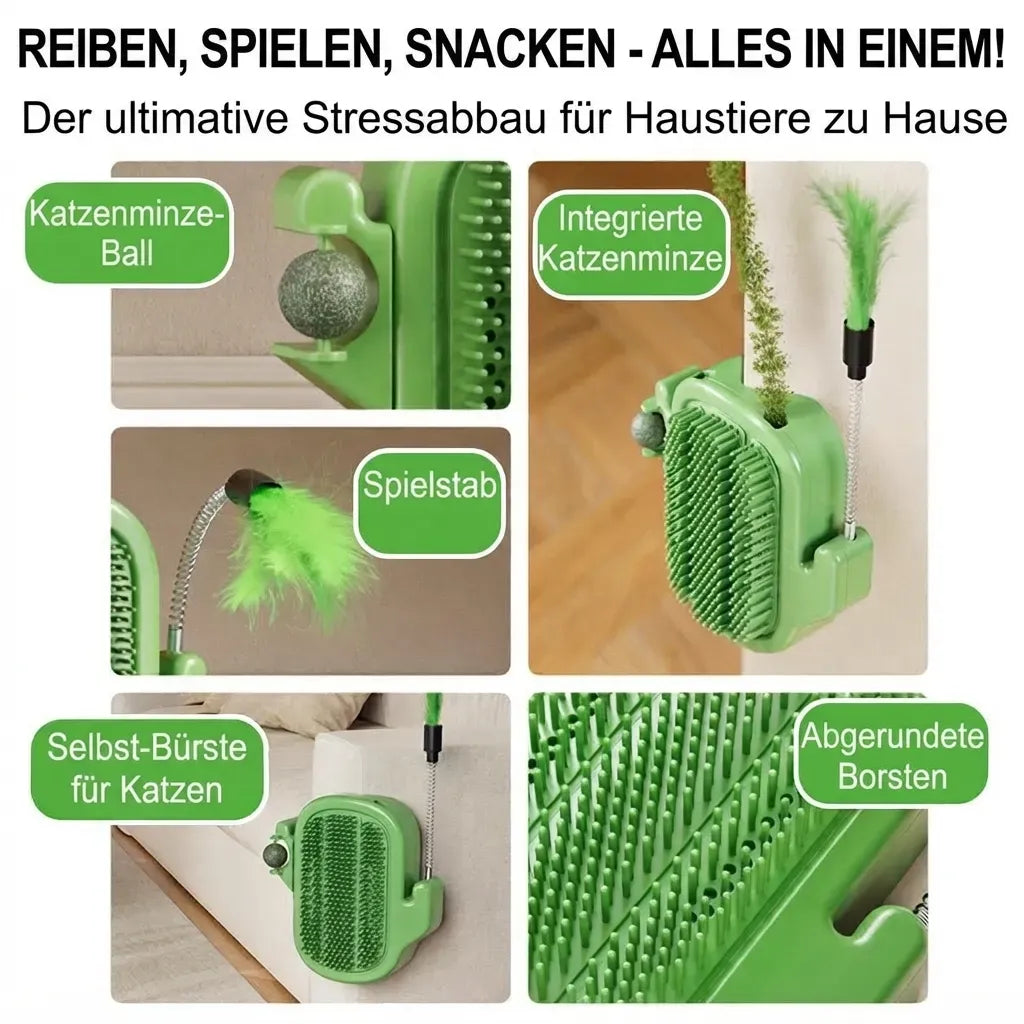 3-in-1-Eck-Massagebürste für Katzen | Wandmontierbare Kratz- und Massagehilfe mit Spielstab (mit Glöckchen) & optionalem Katzenminze-Ball