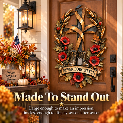 Never Forgotten Veterans Memorial Cross Door Hanging – Poppy & Boots Tribute Decor