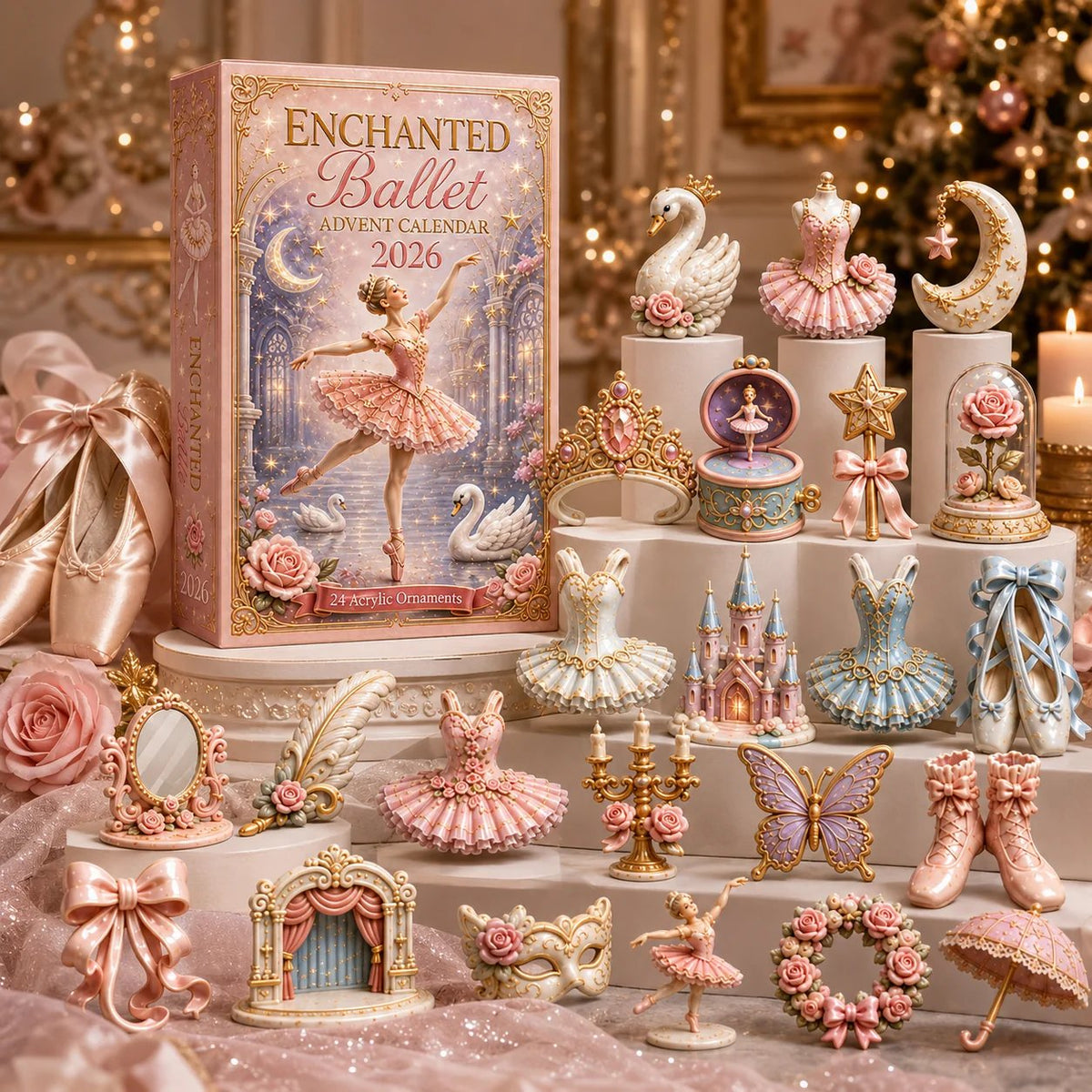 Ballet acrylic keepsakes arranged around the advent calendar