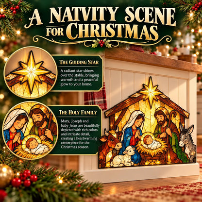 ✝️ Nativity Scene Christmas Decoration 🎄✨ Stained Glass Style Holy Family Display with Baby Jesus, Mary, Joseph & Stable Animals 🕊️🎁
