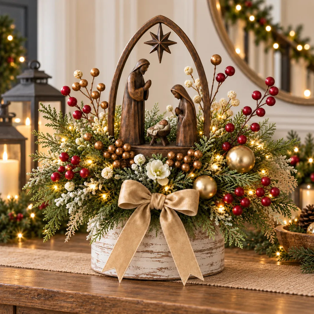 Christmas Nativity centerpiece with a star-topped arch, greenery, red berries and a gold ribbon