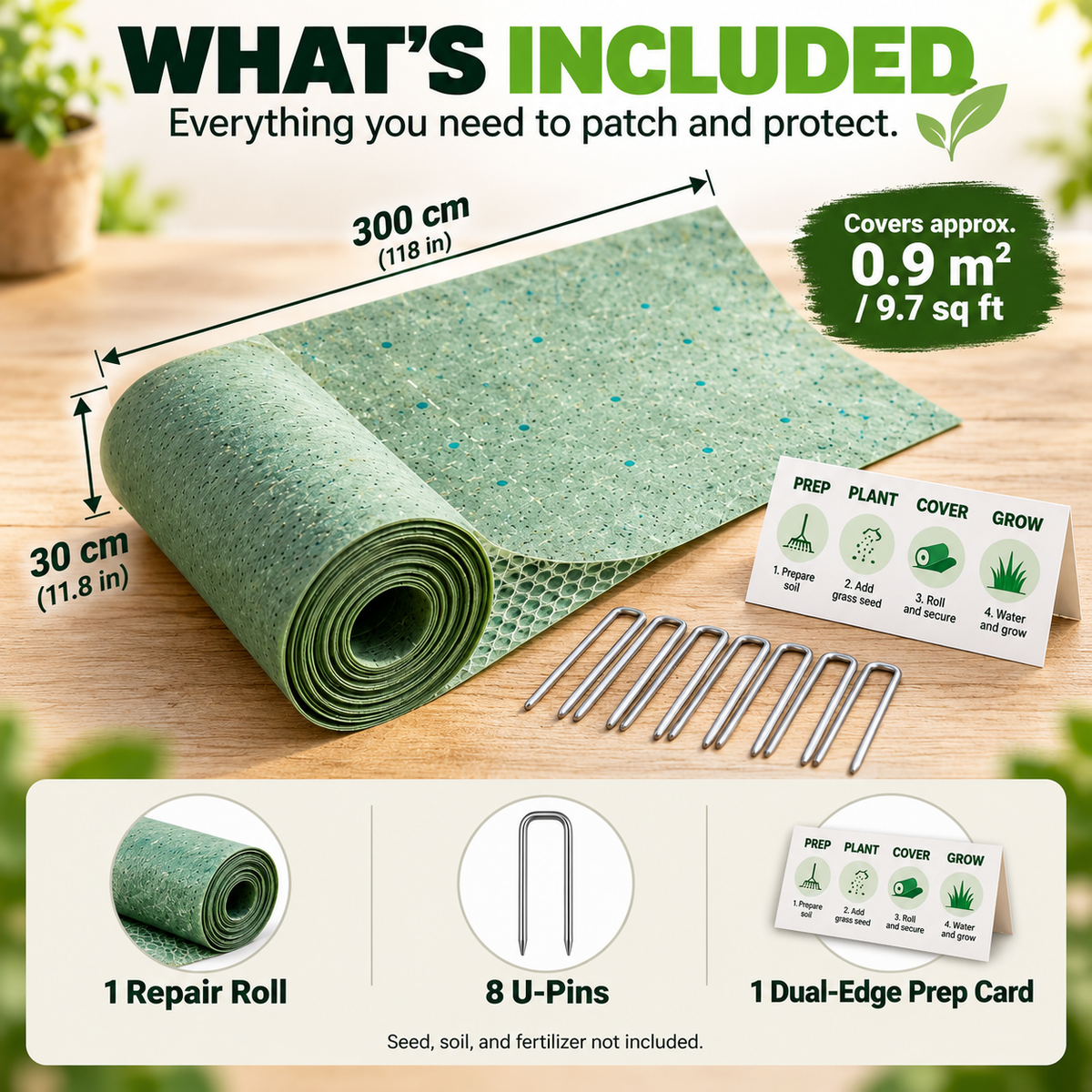 Lawn repair roll kit with 8 U-pins and quick-start prep card