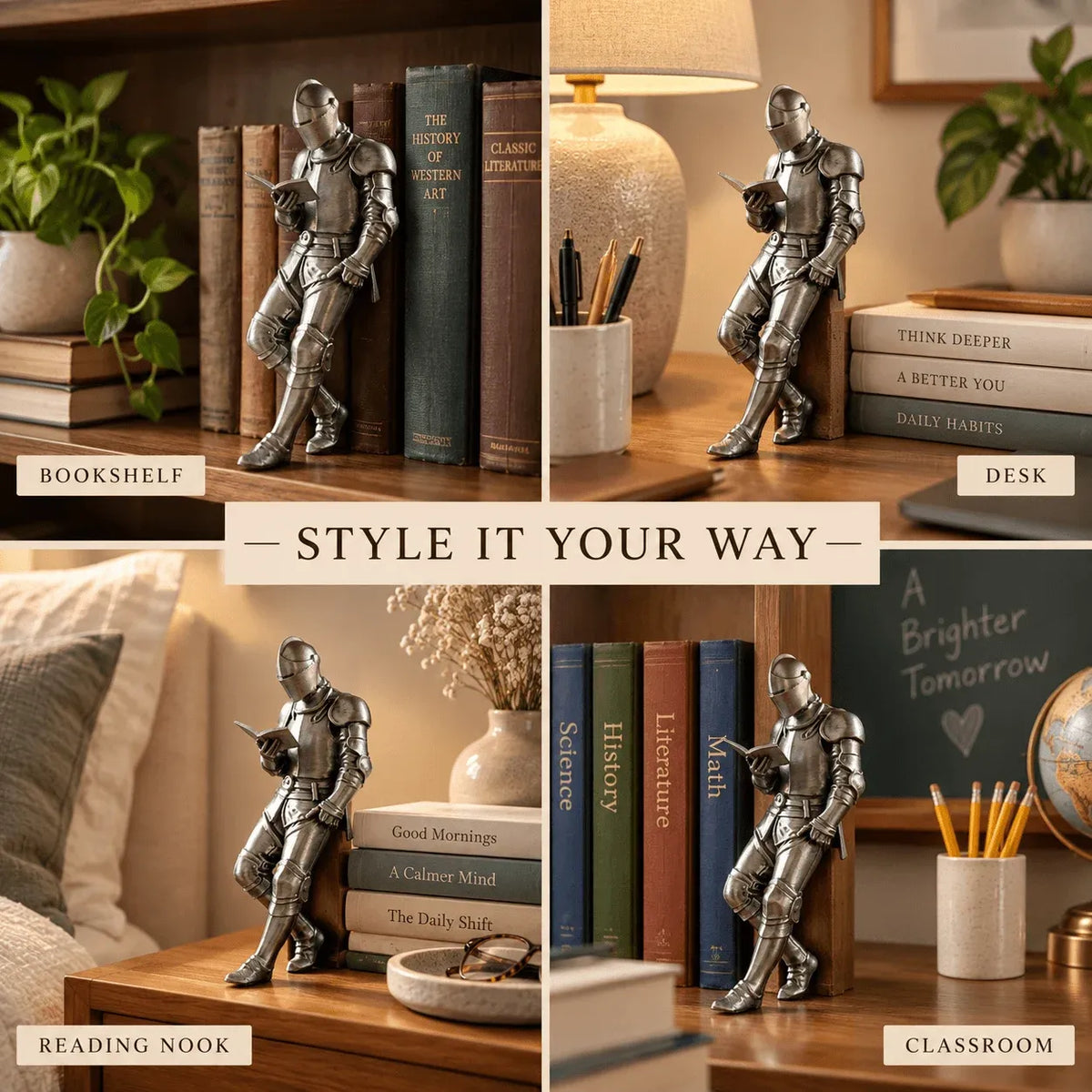 ⚔️ Reading Knight Bookshelf Statue | Medieval Fantasy Bookend Décor