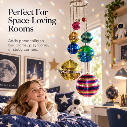 🌈 Solar System Disco Ball Hanging Mobile – Colorful Reflective Celestial Room Decor，10*26in