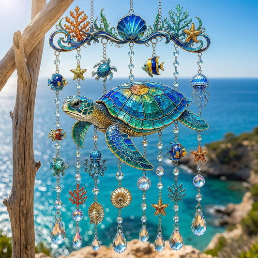 🐬🐢Ocean-Themed Crystal Wind Chime – 🌊Bring the Ocean Glow to Your Garden