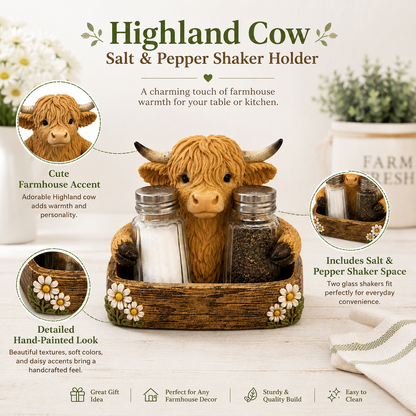 Adorable Highland Cow Farmhouse Collection – Salt & Pepper Holder or Tissue Box Cover