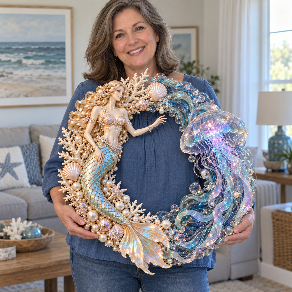 🌊 Ocean Enchantment – Lighted Mermaid & Jellyfish Wreath