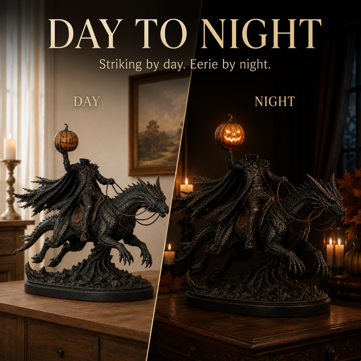 Light-Up Headless Horseman Dragon Statue with Timer – Gothic Halloween Decor