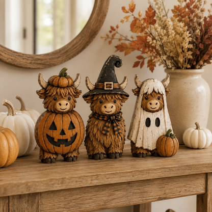 3-Piece Halloween Highland Cow Figurine Set