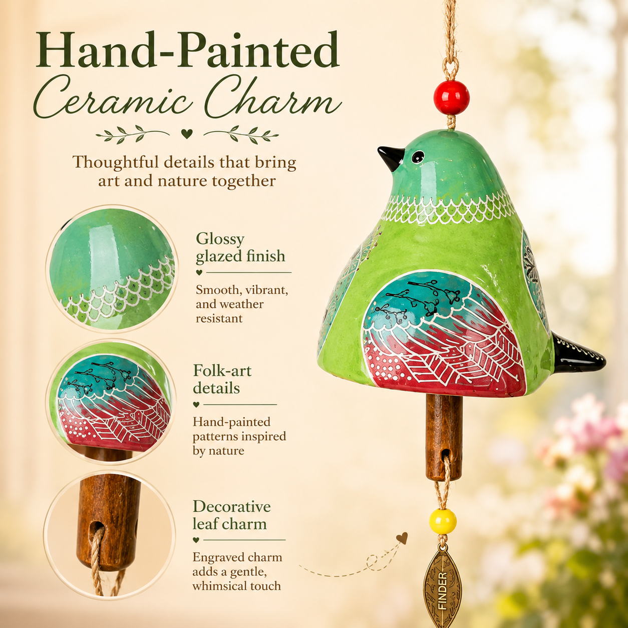 Bird wind chimes hanging beside a bright window