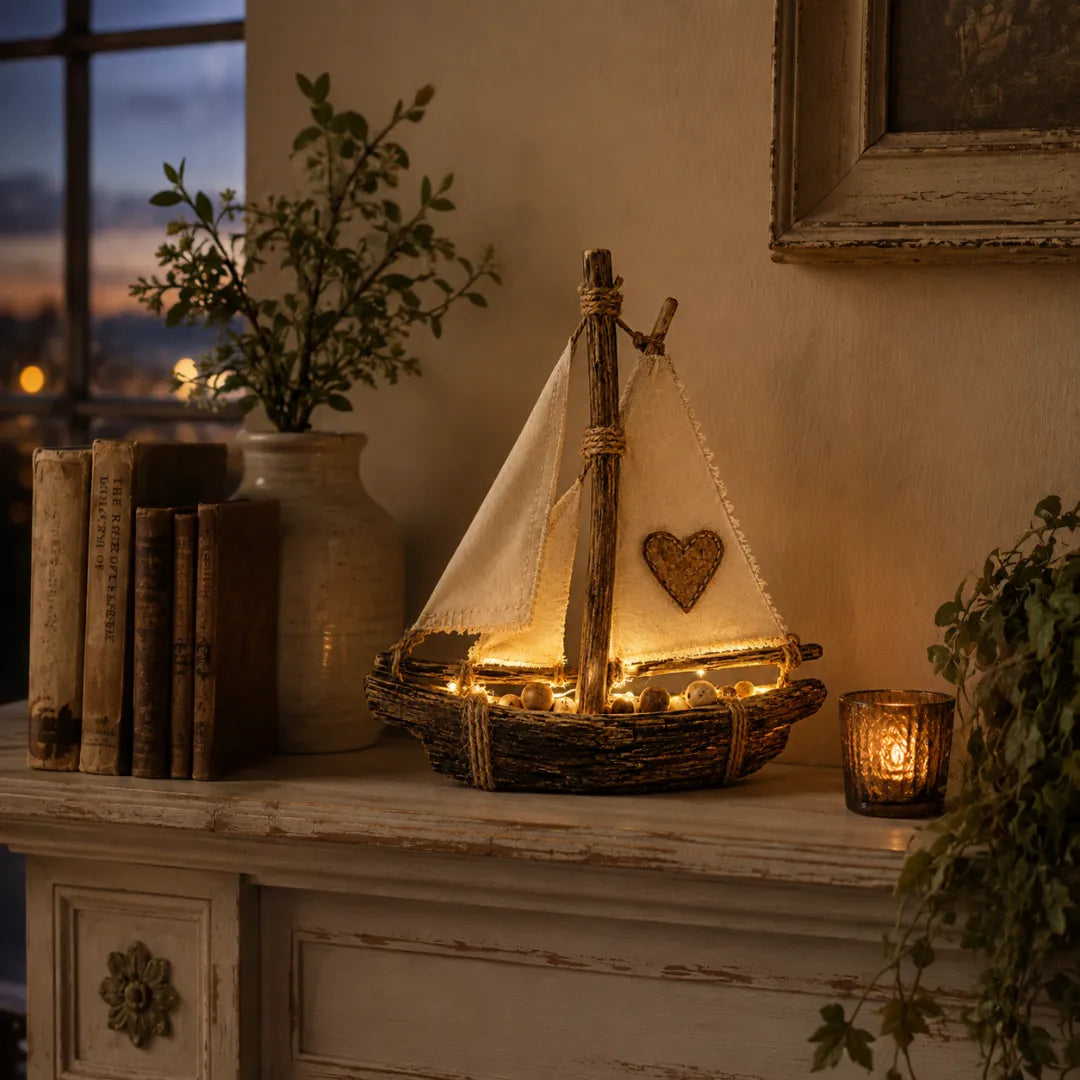 Lighted Rustic Sailboat Decor with Warm LED Glow