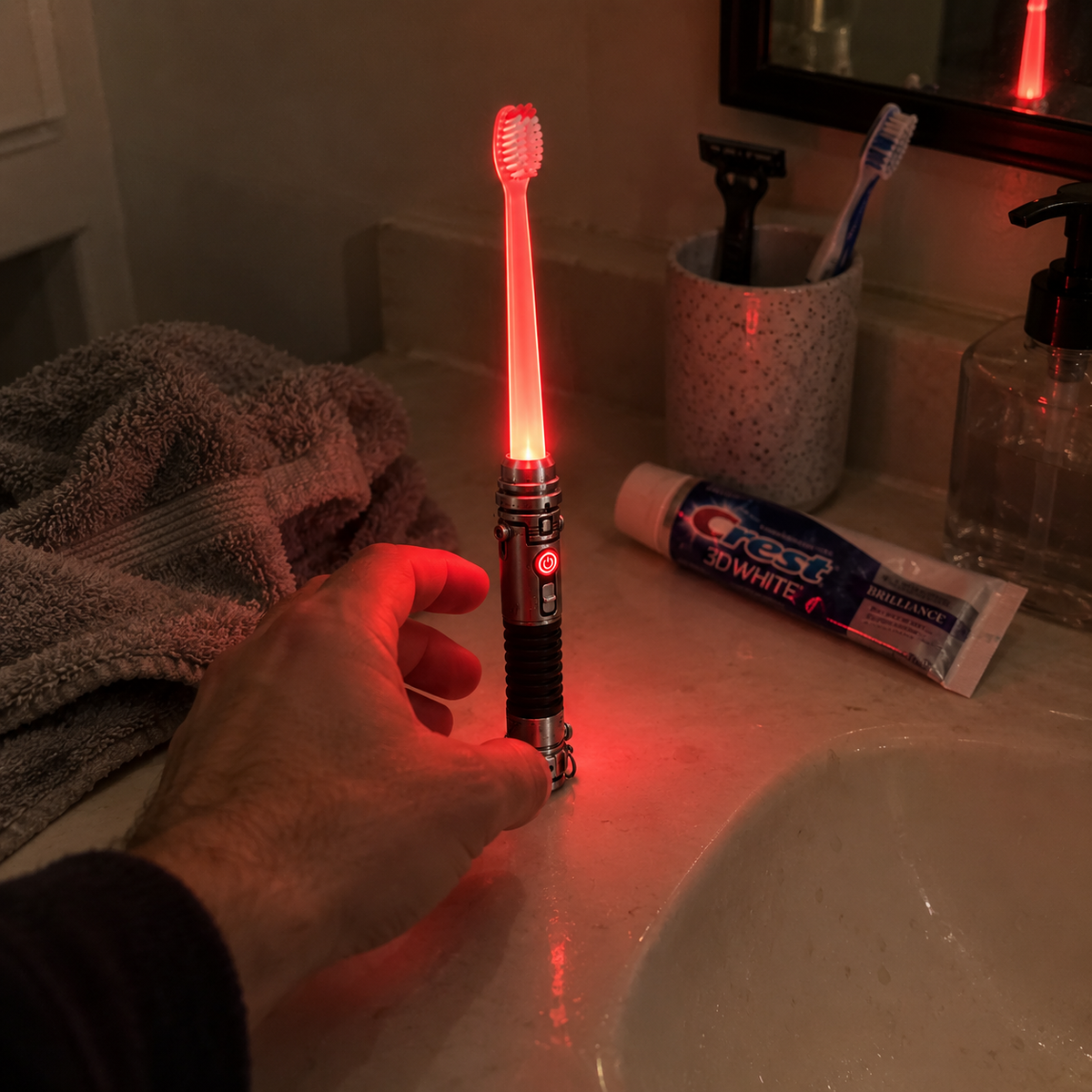 Red glow toothbrush nighttime bathroom
