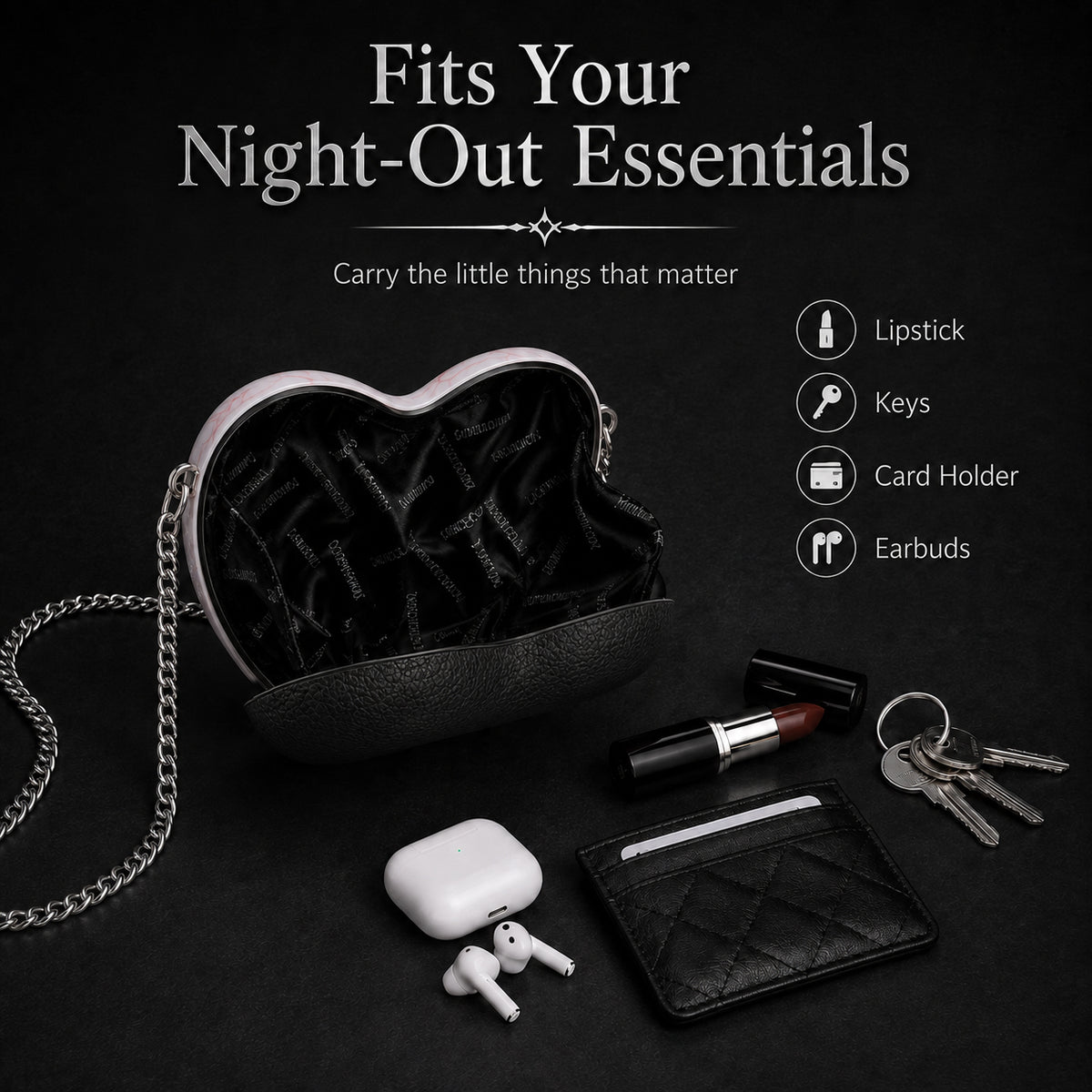 Open heart eye bag showing capacity for small essentials