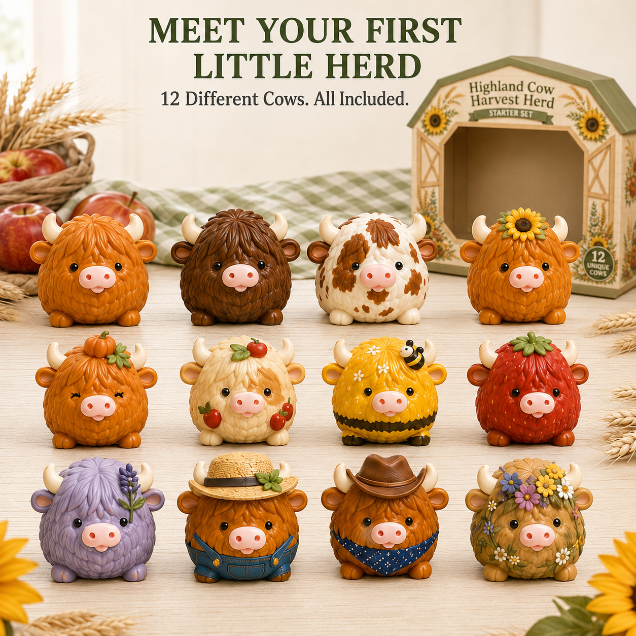 All twelve unique Highland Cow Harvest Herd characters