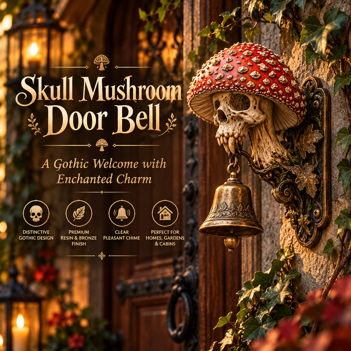💀🍄 Skullcap Guardian™ – Gothic Mushroom Skull Door Bell with Vintage Bronze Chime