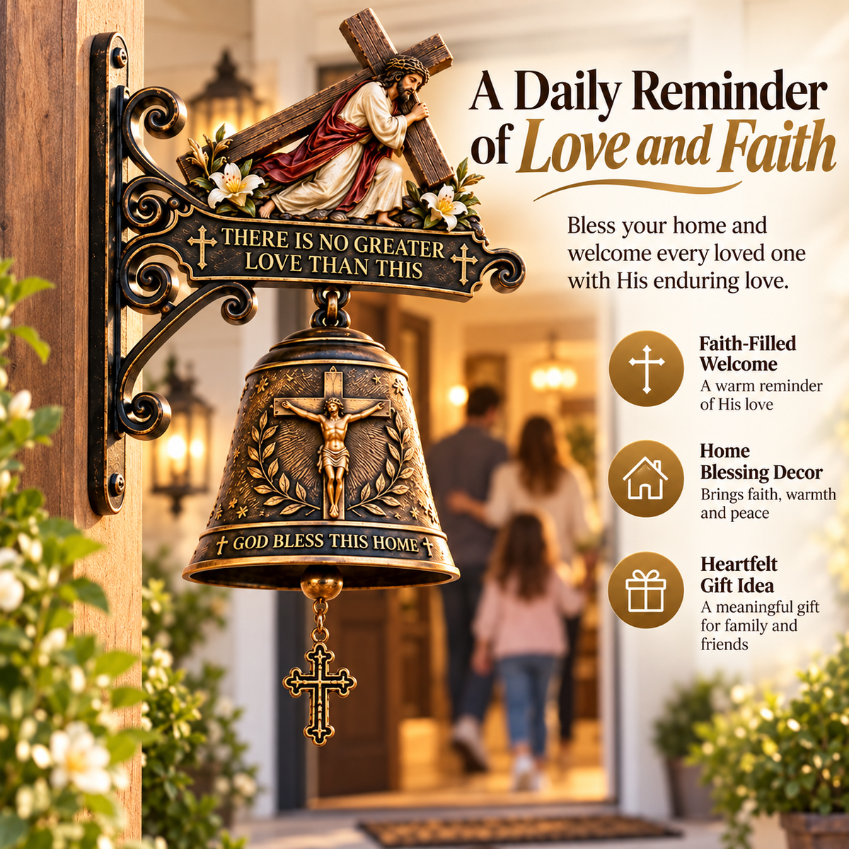 Christian Home Blessing Bell – Jesus Cross Wall Decor for Entryway & Porch