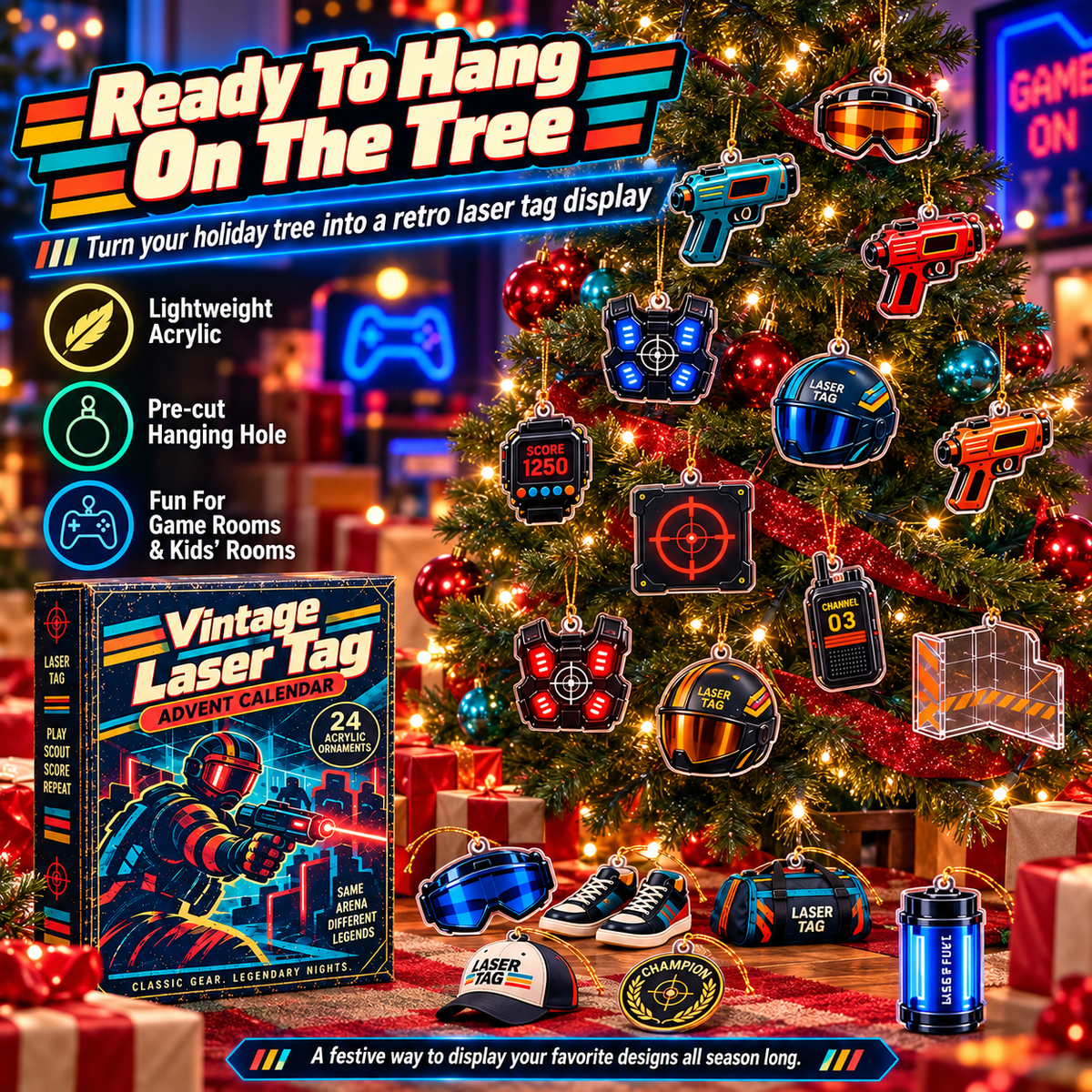 Laser Tag acrylic ornaments hanging on a Christmas tree