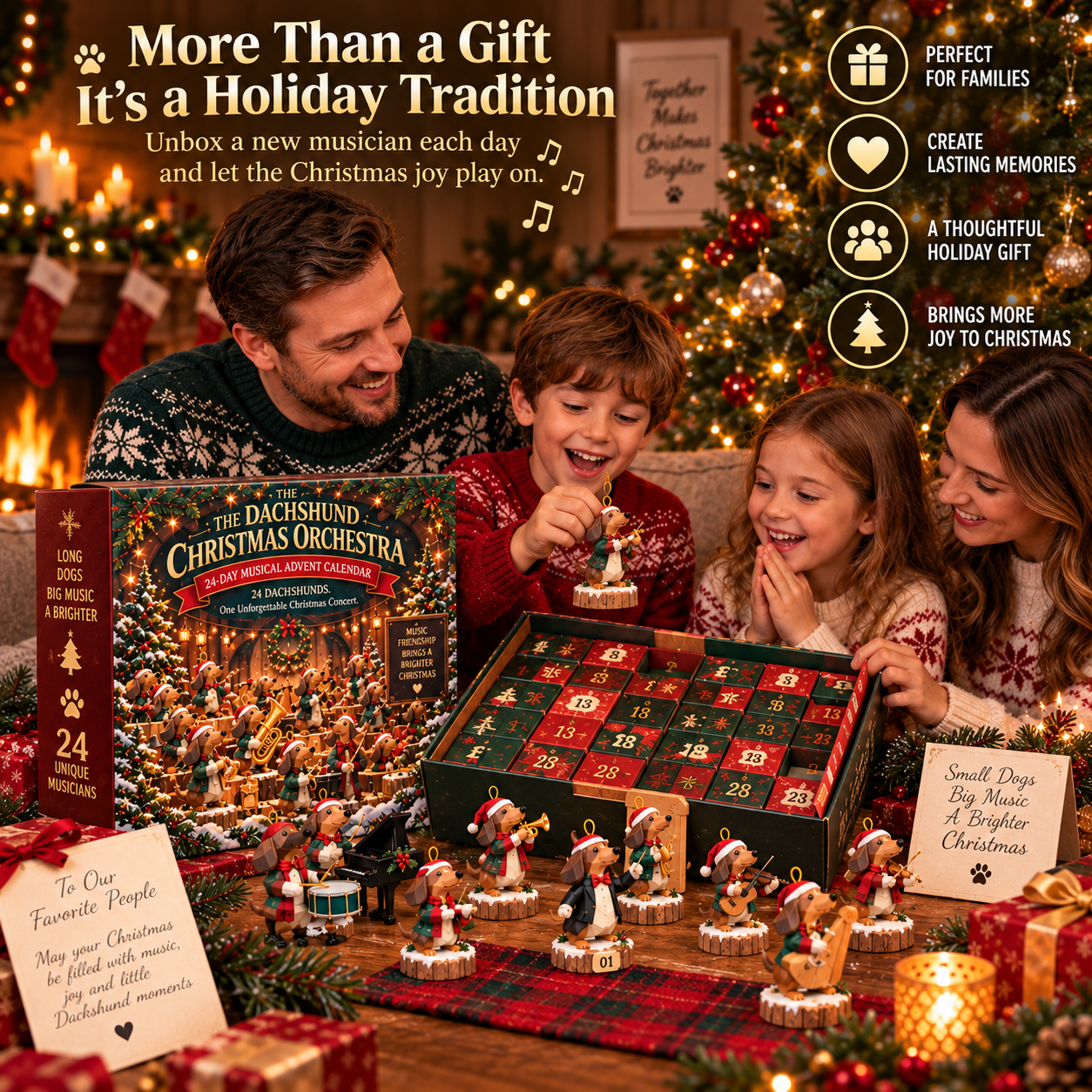 Family enjoying the dachshund Christmas Orchestra countdown collection