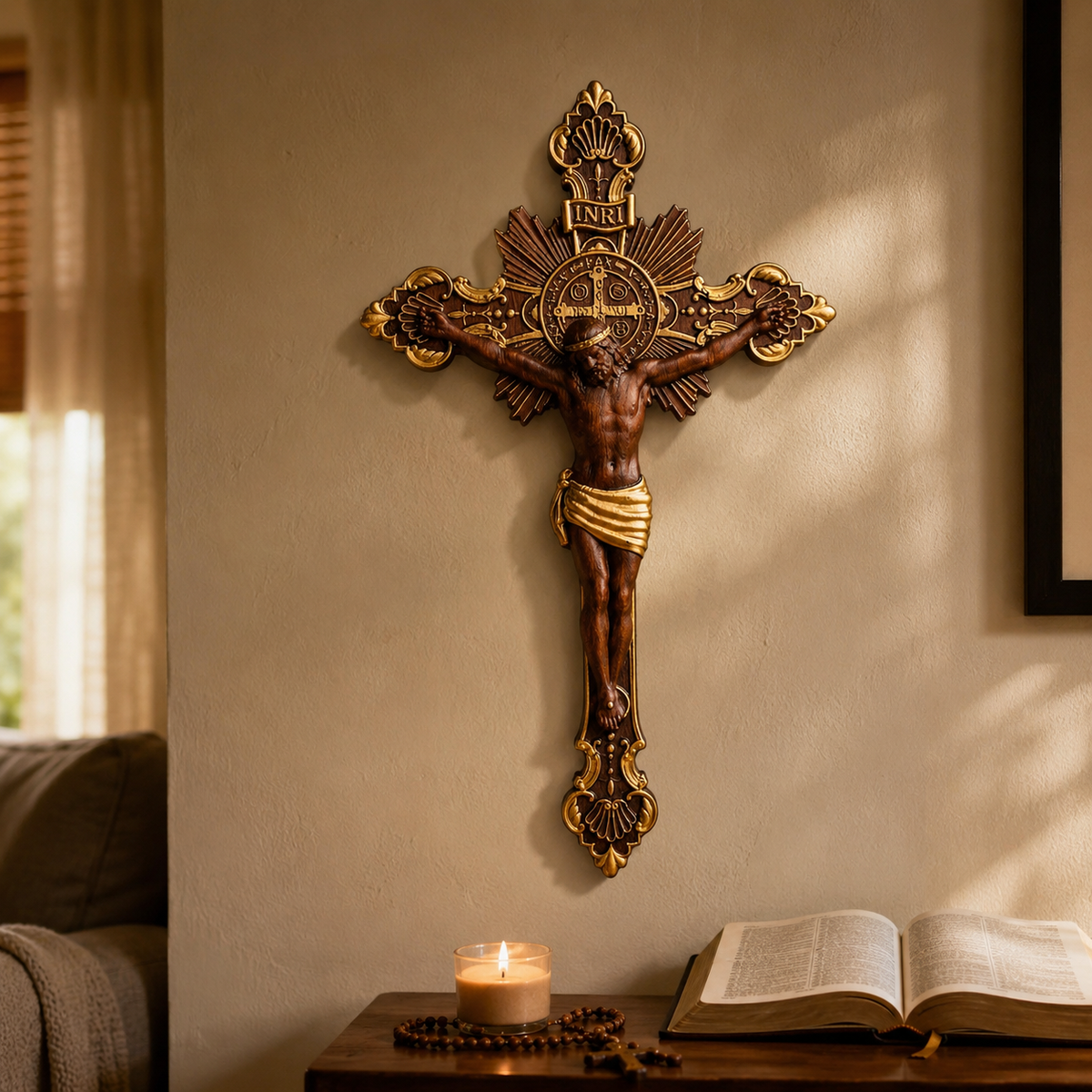 St. Benedict Exorcism Cross wood carved - Bless you and your family - craftsmanship detail