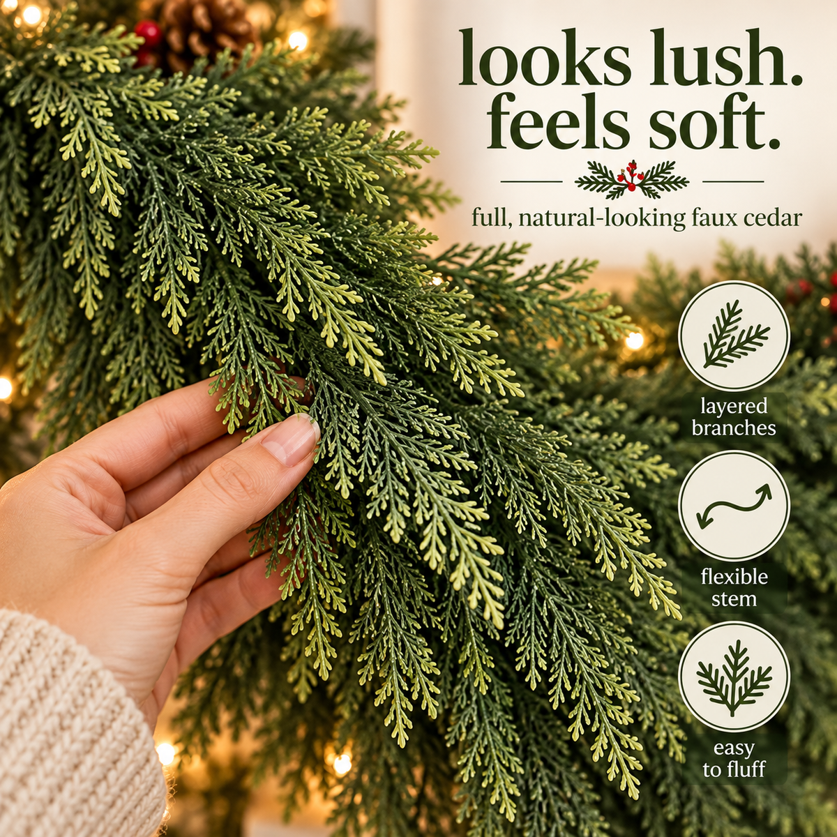 Flexible faux cedar Christmas greenery