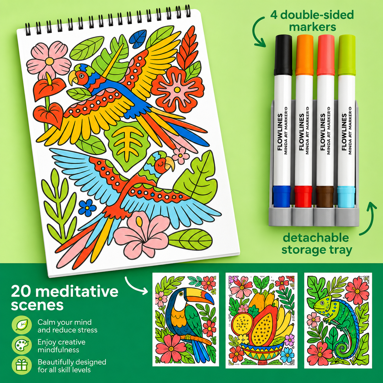Trace-By-Groove Guided Flow Art Coloring Pad with Double-Sided Markers
