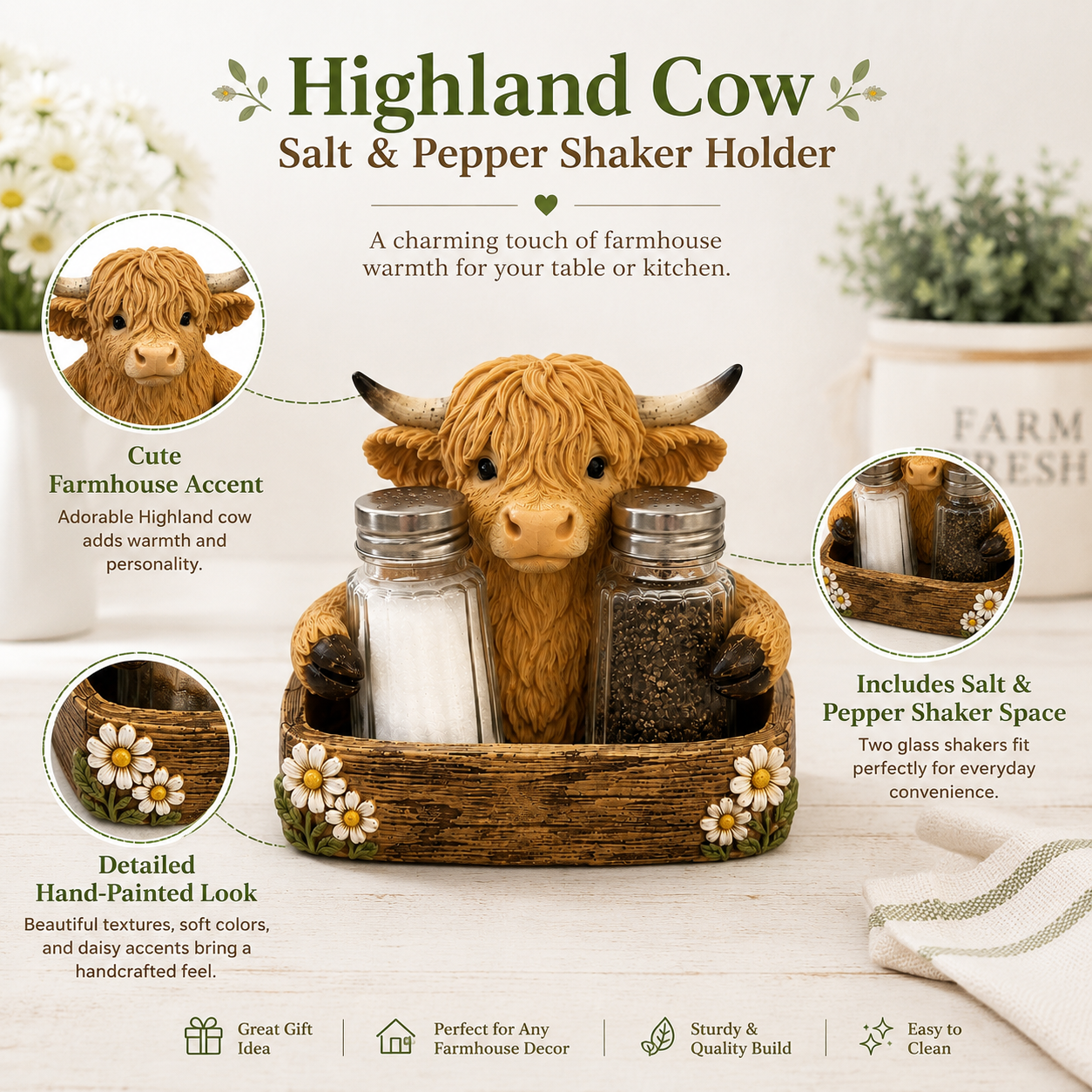 Highland Cow Salt & Pepper Shaker Set with Holder