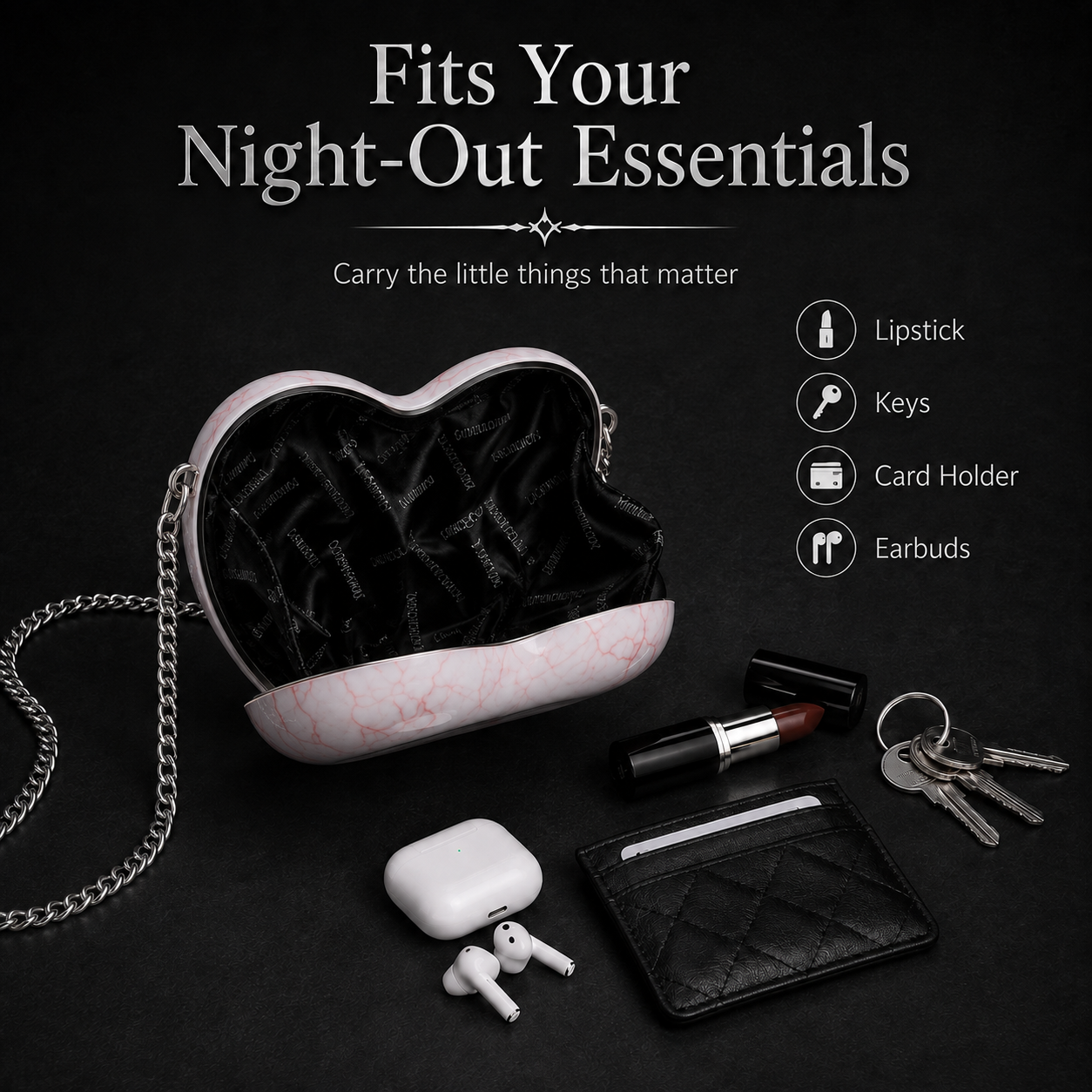 Open heart eye bag showing capacity for small essentials