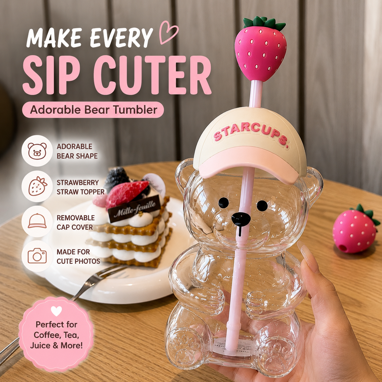 🔥 LAST DAY 55% OFF🐻Cute Teddy Bear Glass Tumbler with Bear Lid & Strawberry Straw – 20oz Reusable Cup