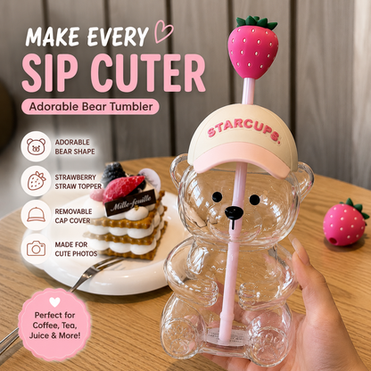 🔥 LAST DAY 55% OFF🐻Cute Teddy Bear Glass Tumbler with Bear Lid & Strawberry Straw – 20oz Reusable Cup