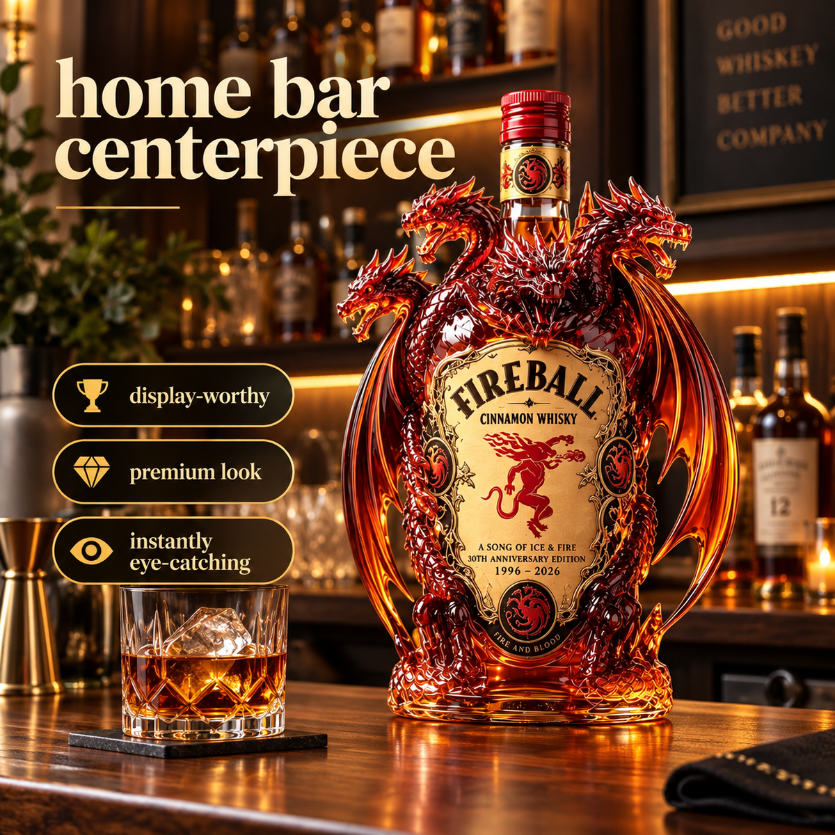 Dragon collector bottle displayed on a home bar