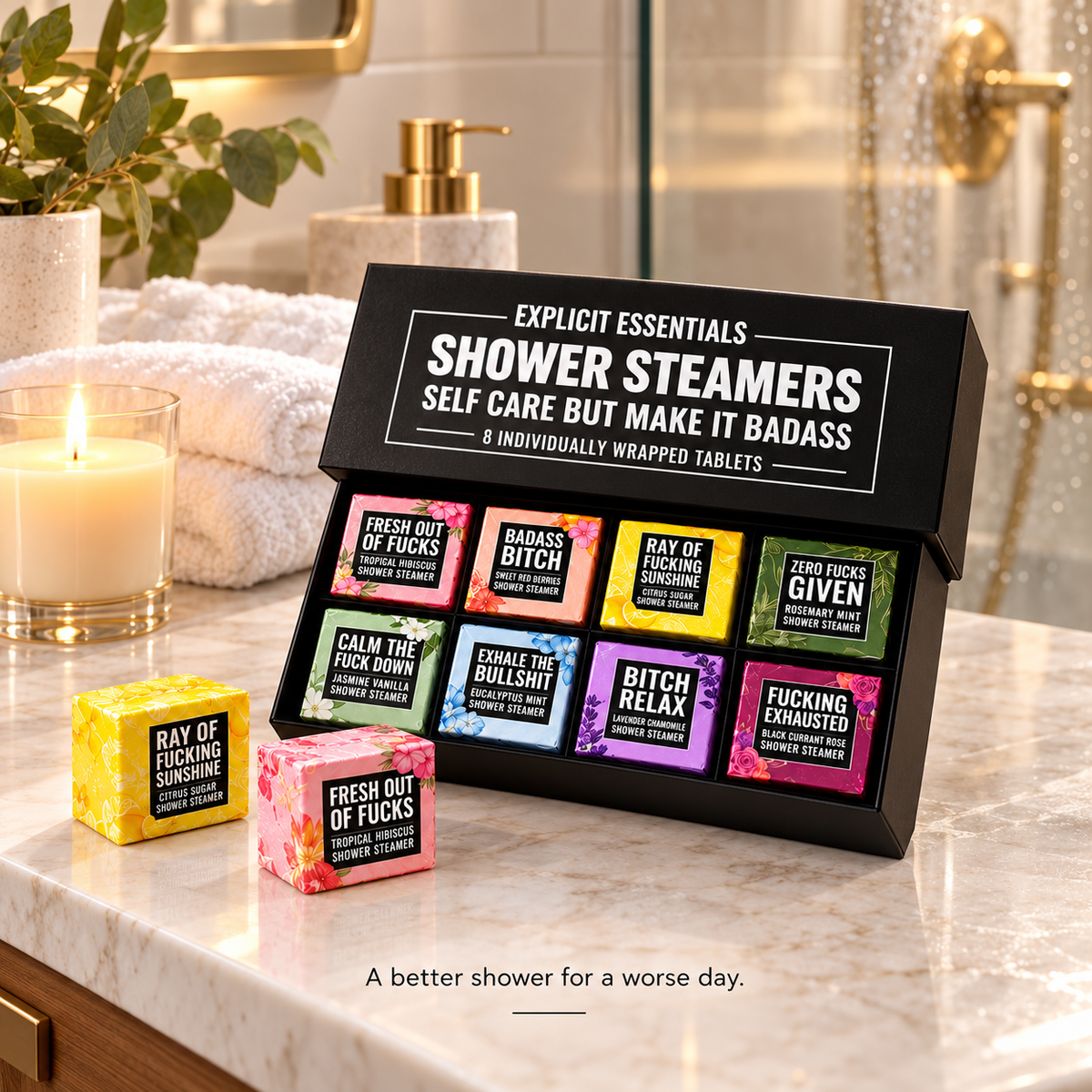 Shower steamer gift set in bathroom