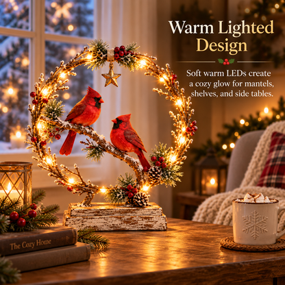 Glowing Cardinal Winter Wreath Tabletop Decor