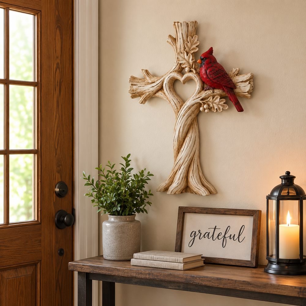 Cardinal decor in an entryway