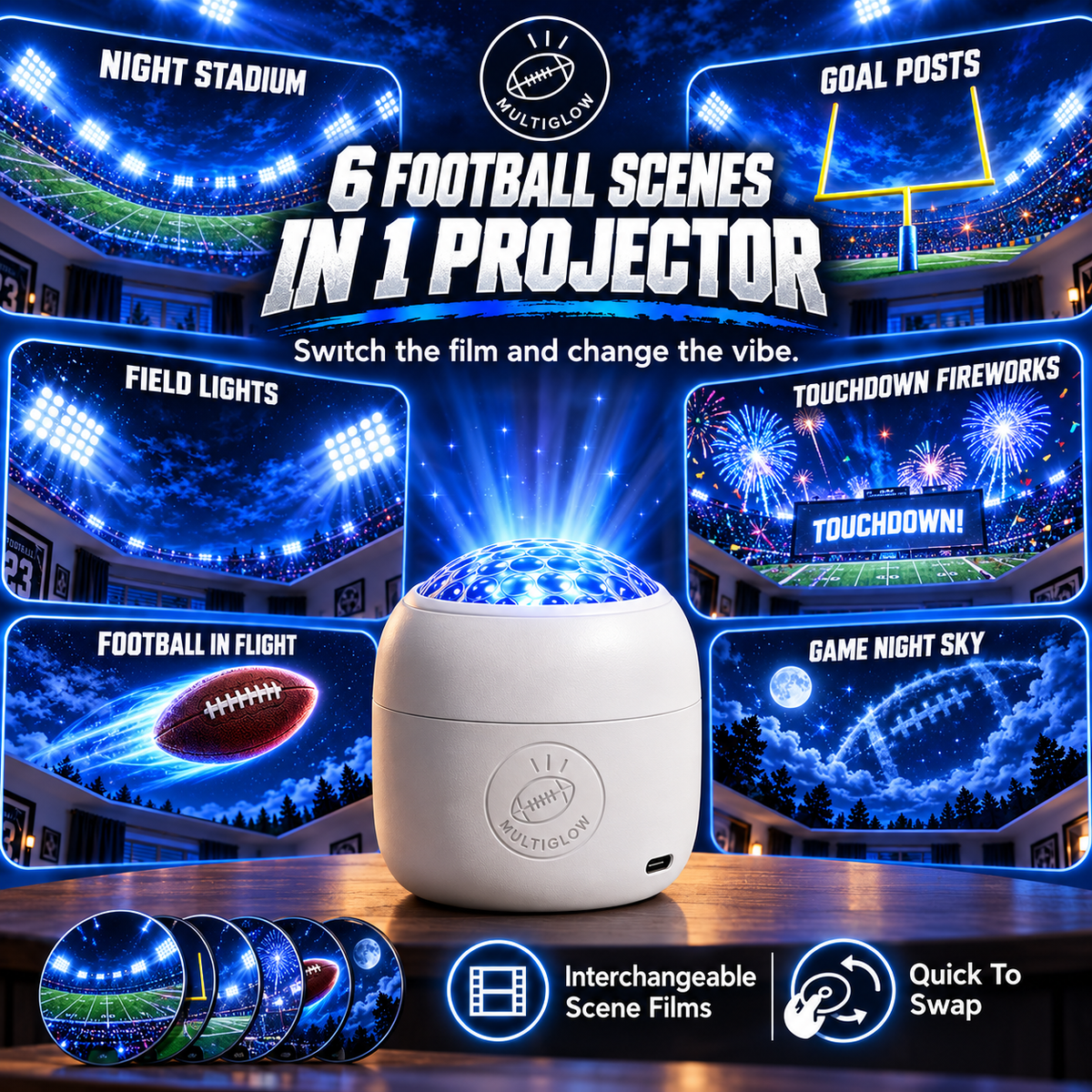Six football projector scenes
