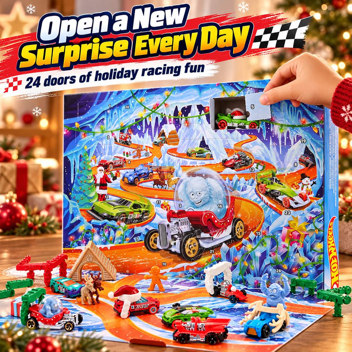 A hand opening a numbered advent calendar door to reveal a toy car
