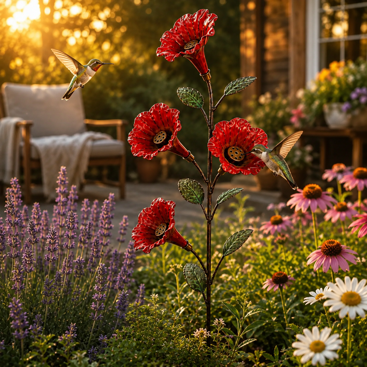 Hummingbirds visiting the flower feeder in a warm evening garden