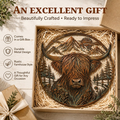 🏔️🐮 Highland Cattle Mountain Silhouette – Rustic Metal Farmhouse Wall Art
