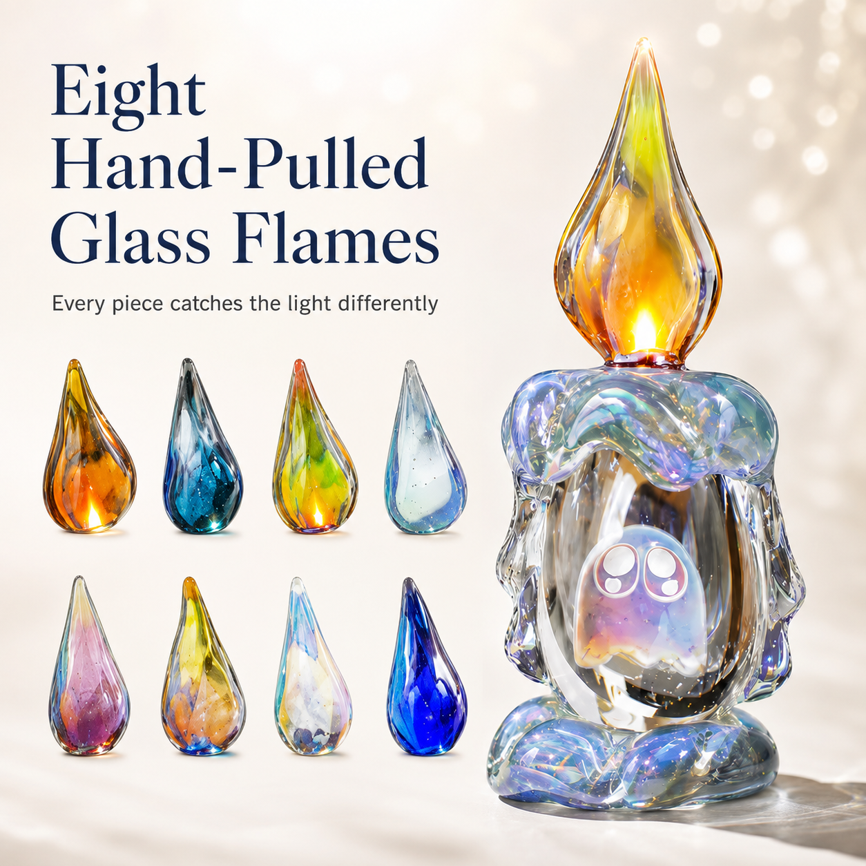 Eight hand-pulled glass flame color options