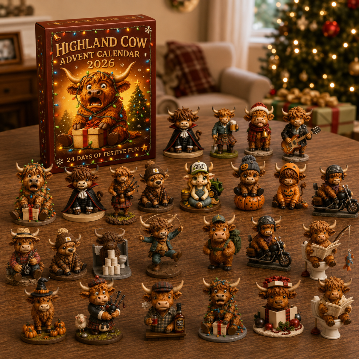 Full Highland Cow Advent Calendar collection displayed at Christmas