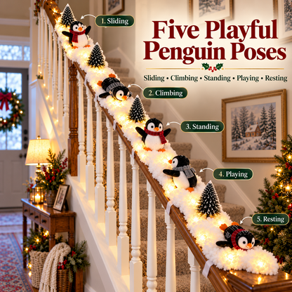 Playful Penguin Snowy Stair Railing Decor