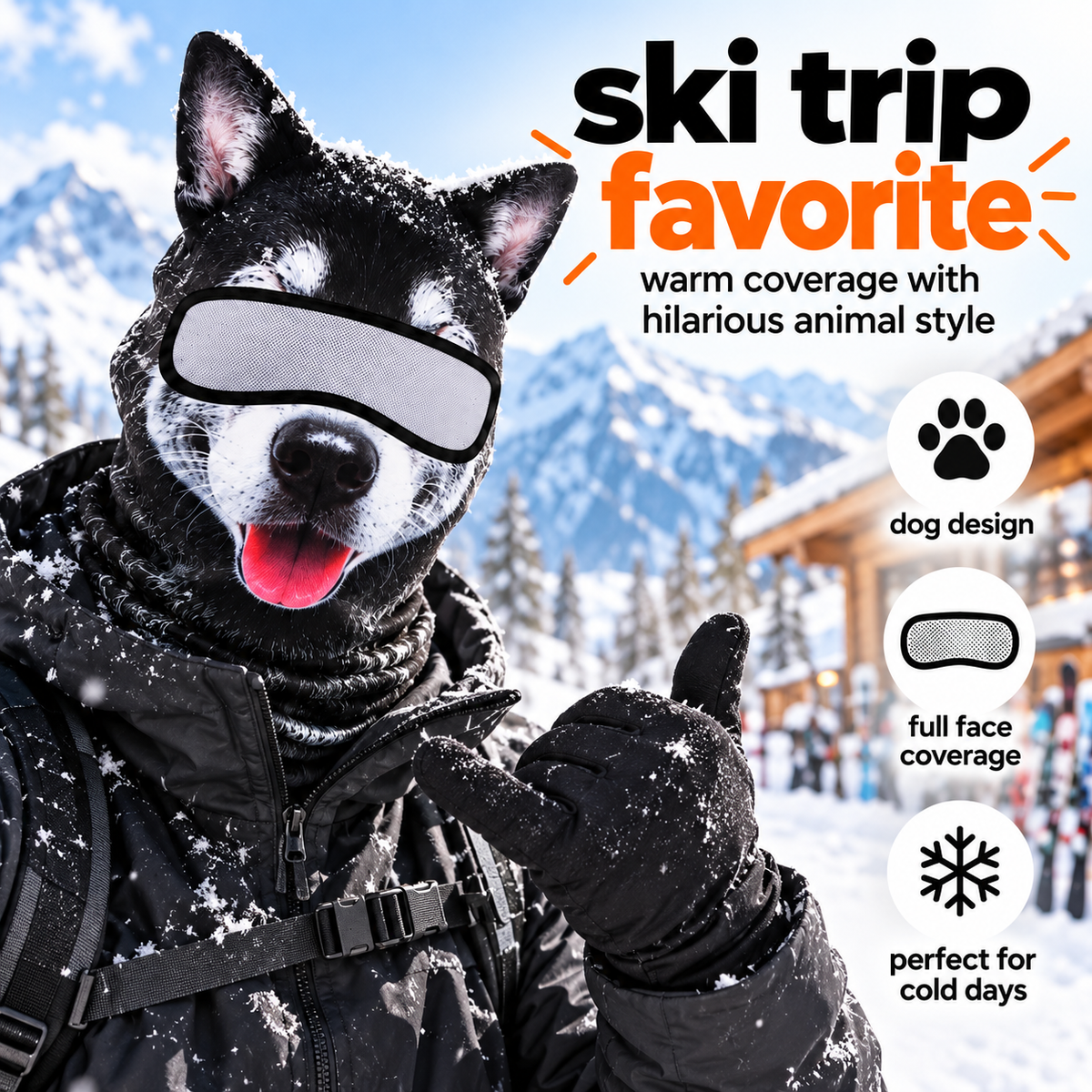 Black dog animal face cover on a snowy ski trip