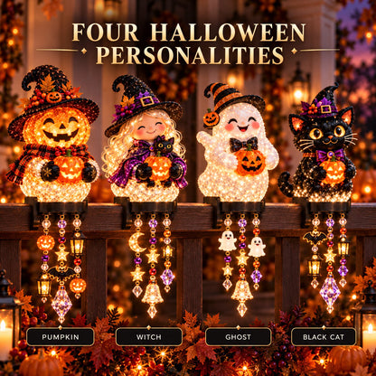🎃 Halloween-Kaskadenlichter für Veranda & Geländer – Kürbis, Hexe, Geist & schwarze Katze