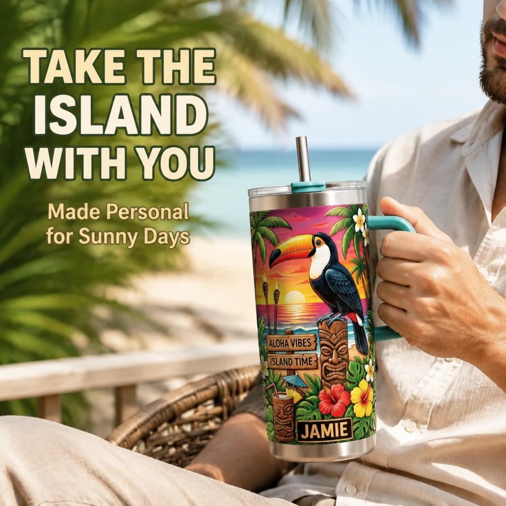 🌺🦜 Personalized Tiki Life Toucan Tumbler