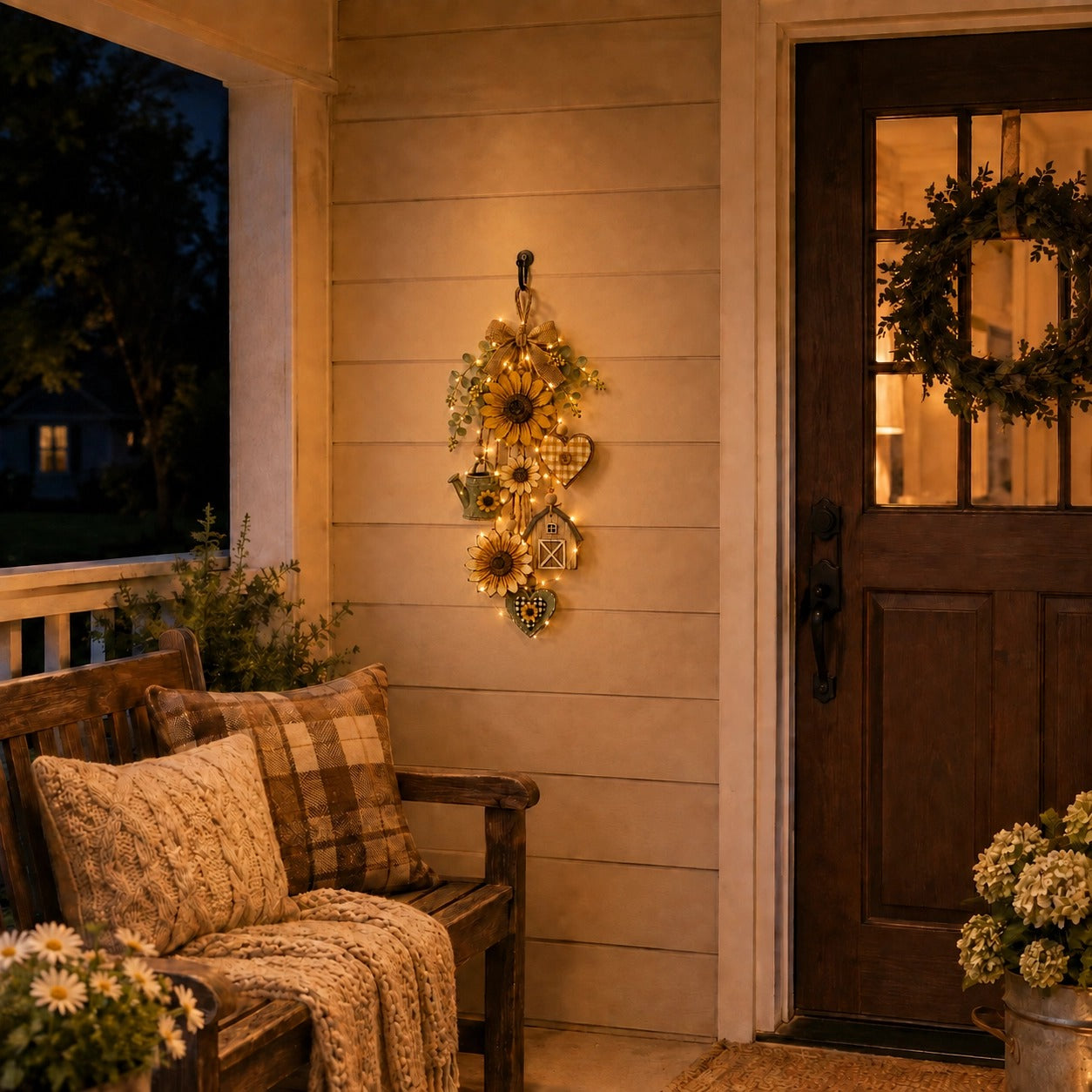 🌻Rustic Wooden Garden-Themed Hanging Ornament with Remote Control Fairy Lights