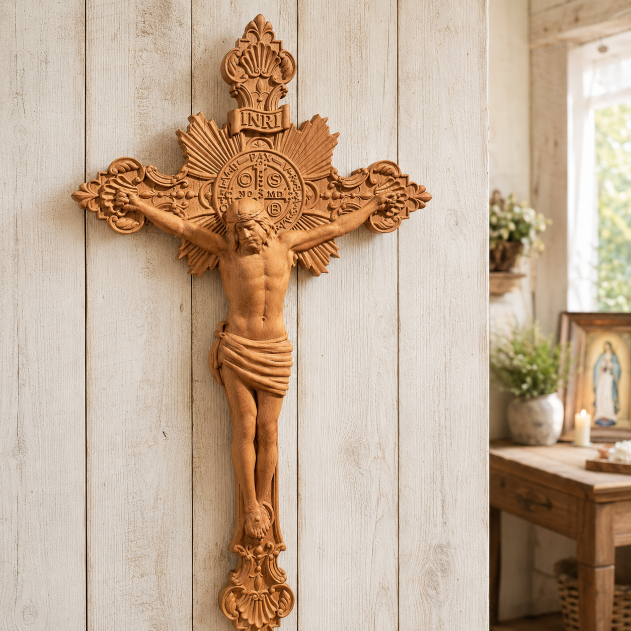 St. Benedict Exorcism Cross wood carved - Bless you and your family - size and finish detail