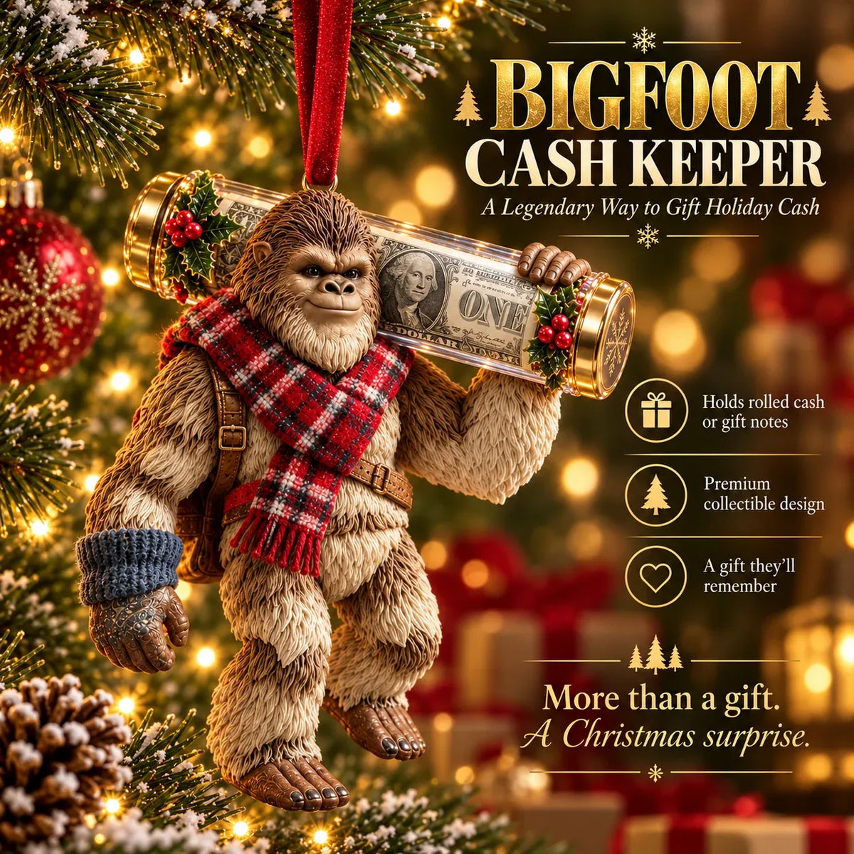Bigfoot Christmas cash holder ornament