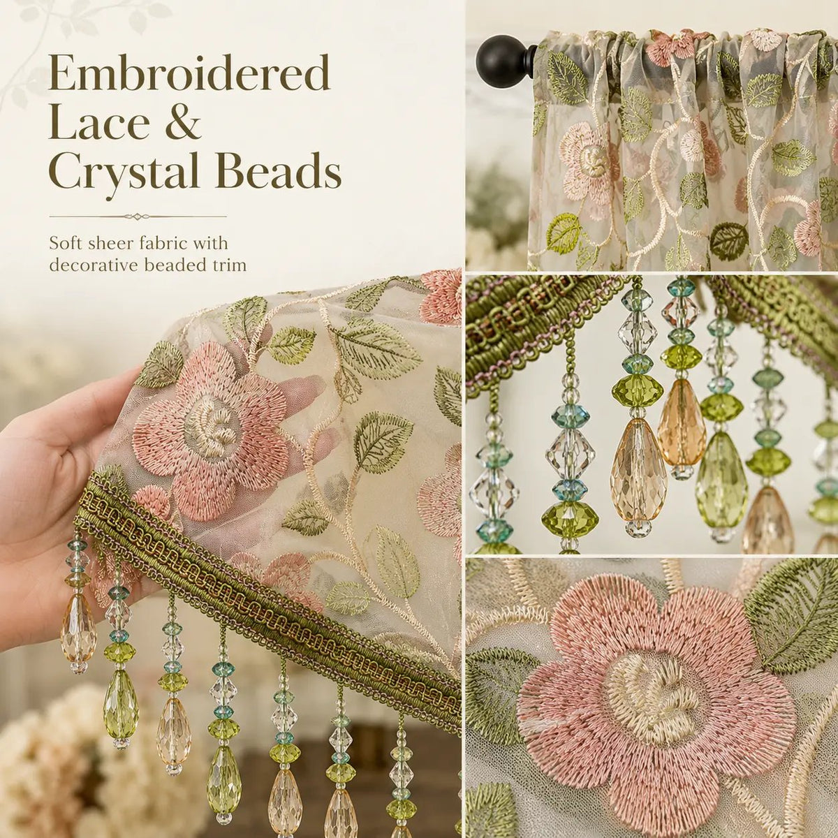 Embroidered Lace Doorway Curtain Set with Beaded Trim – 2 Panels