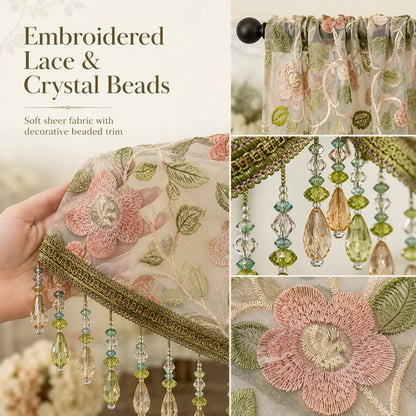 Embroidered Lace Doorway Curtain Set with Beaded Trim – 2 Panels