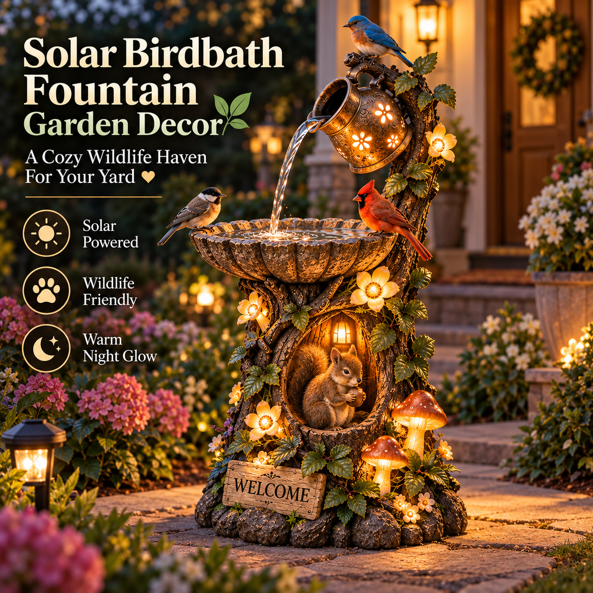 🌿 🐿️Solar Wildlife Garden Fountain – A Peaceful Stop for Birds & Squirrels
