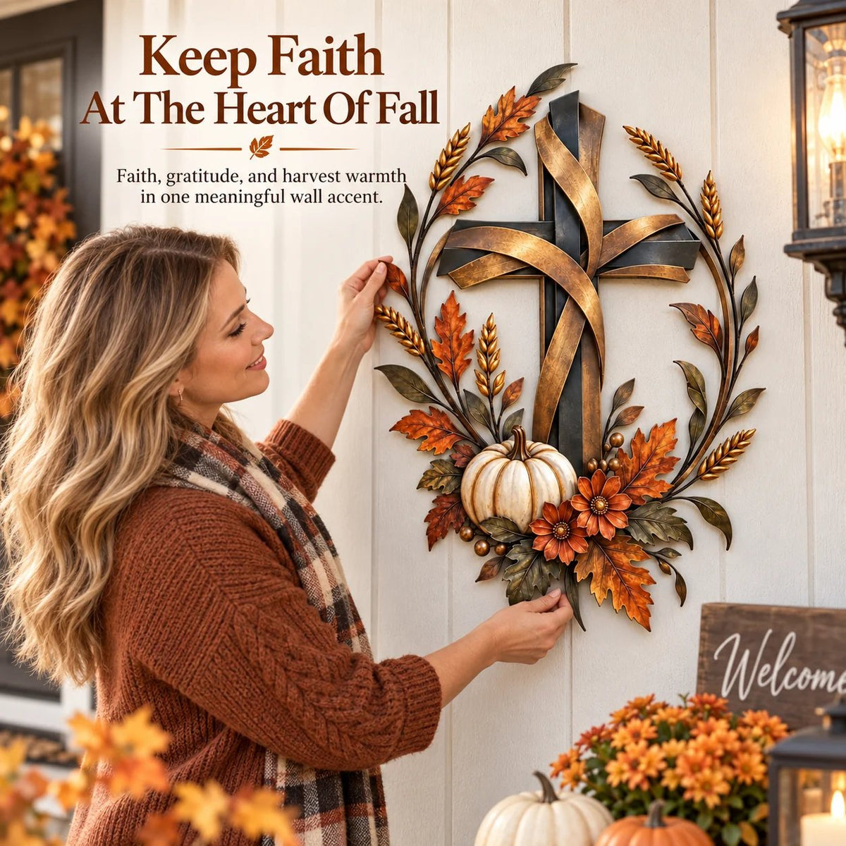 🍂 Autumn Harvest Cross Metal Wall Decor With White Pumpkin